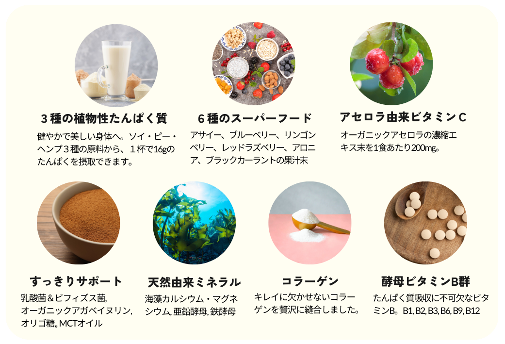 3種の植物性たんぱく質・6種のスーパーフード・ビタミンB群・アセロラ由来 ビタミンC・4種のミネラル・水溶性食物繊維・乳酸菌・ビフィズス菌・オリゴ糖・MCTオイル・コラーゲンペプチド